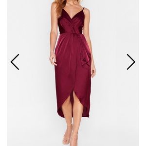 Wrap and V-Neckline Satin Midi Dress - Size 6